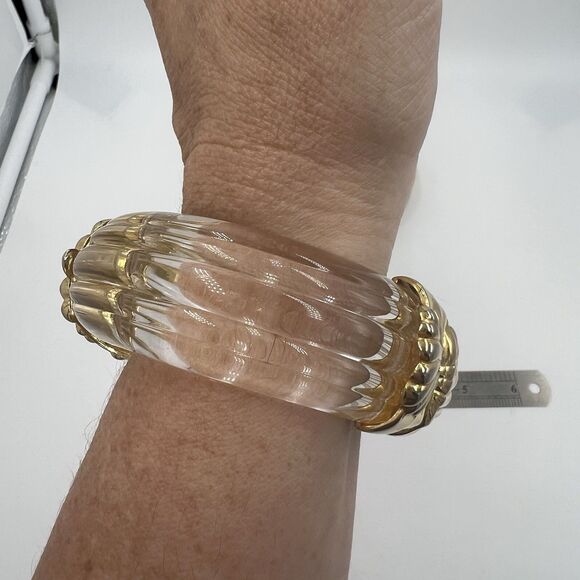 Vintage Inna Cytrine Heavy Lucite And Gold Tone Swirl Bangle Bracelet Chunky Big - Picture 8 of 14